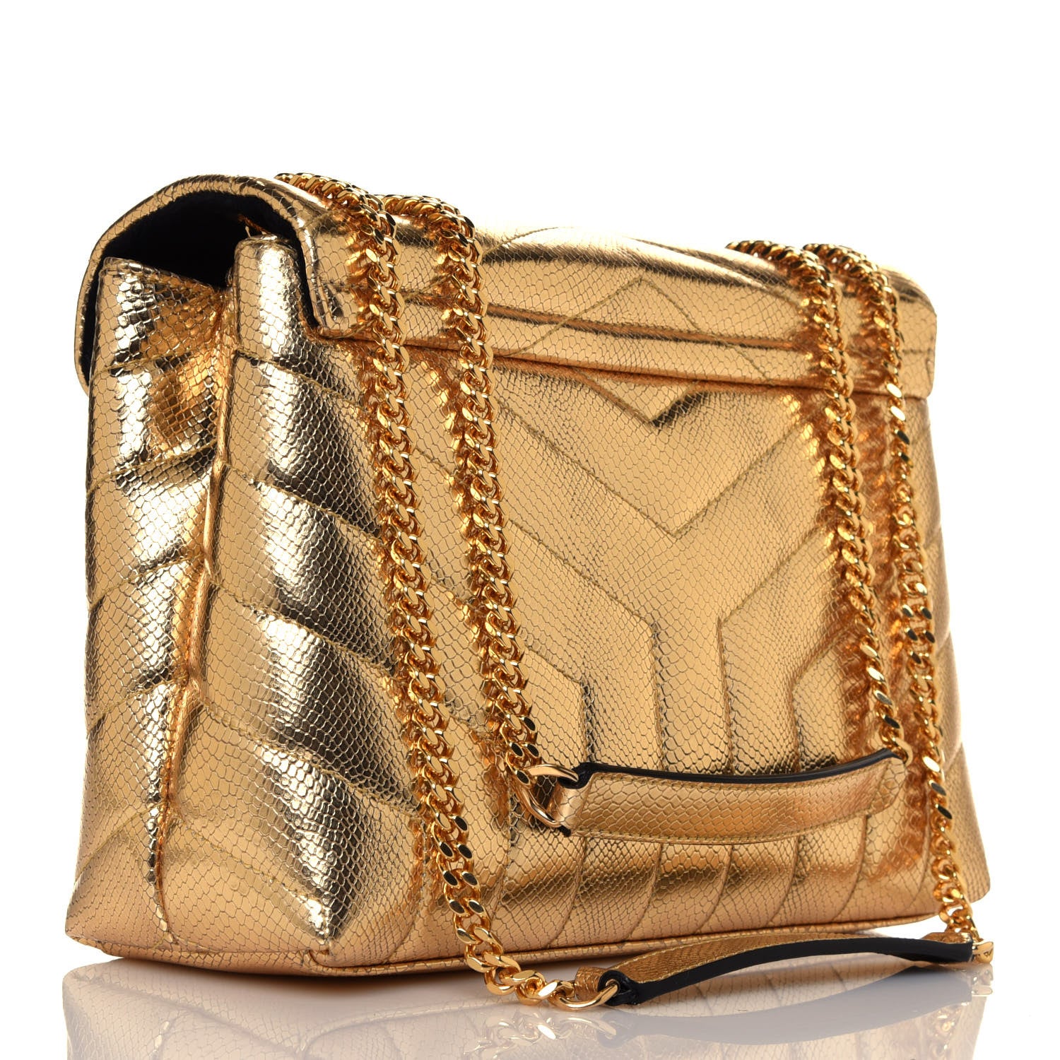 Saint Laurent Snake Embossed Lame Y Quilted Small Loulou Monogram Chain Satchel Oro 4 of 13