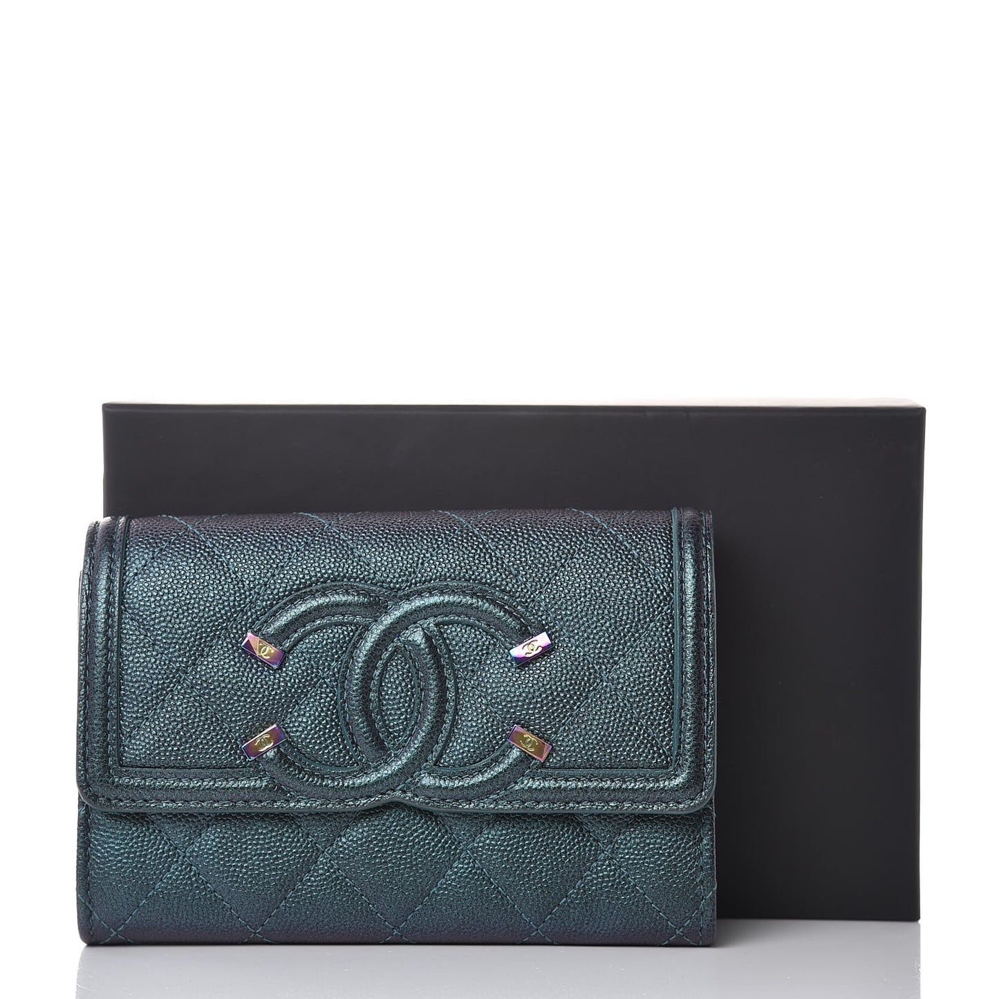 Iridescent Caviar Quilted Medium Filigree Flap Wallet Dark Turquoise