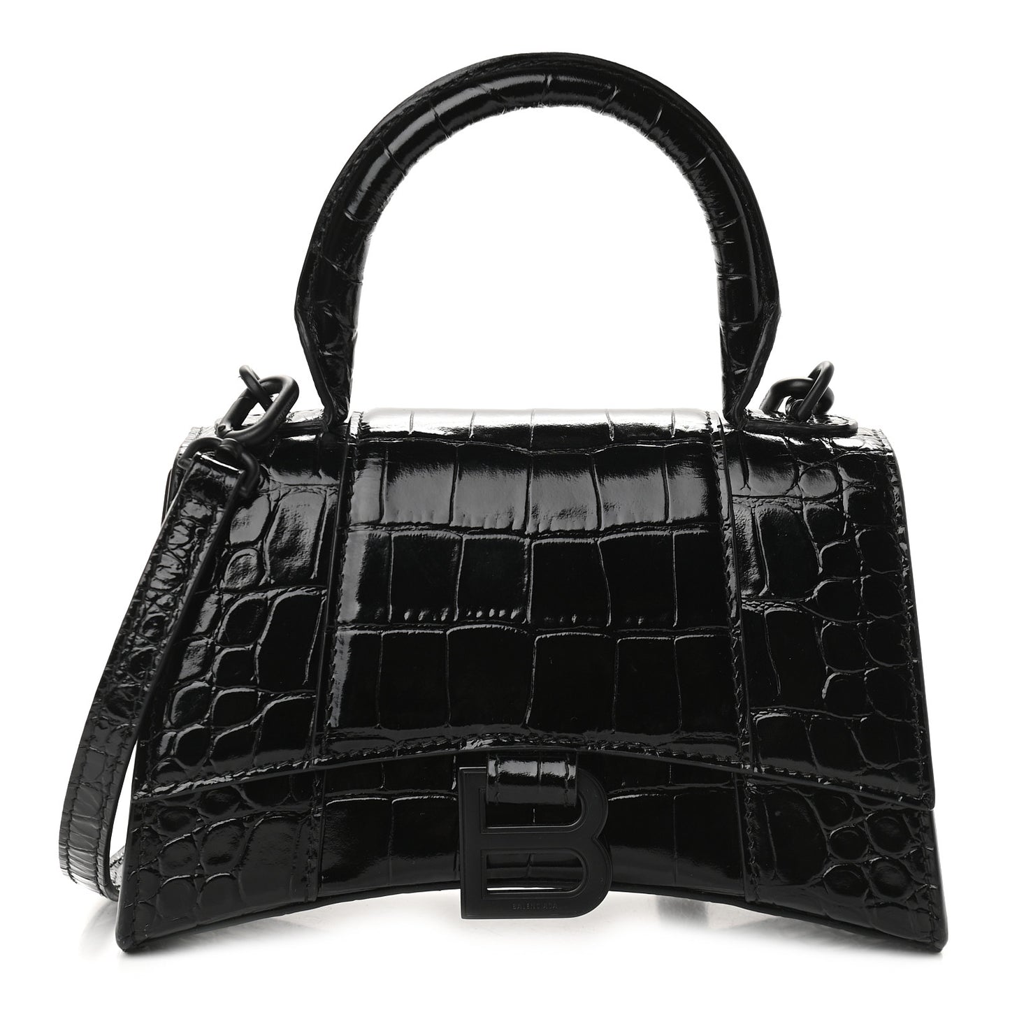 Shiny Calfskin Monochrome Crocodile Embossed Hourglass Top Handle Bag XS Black