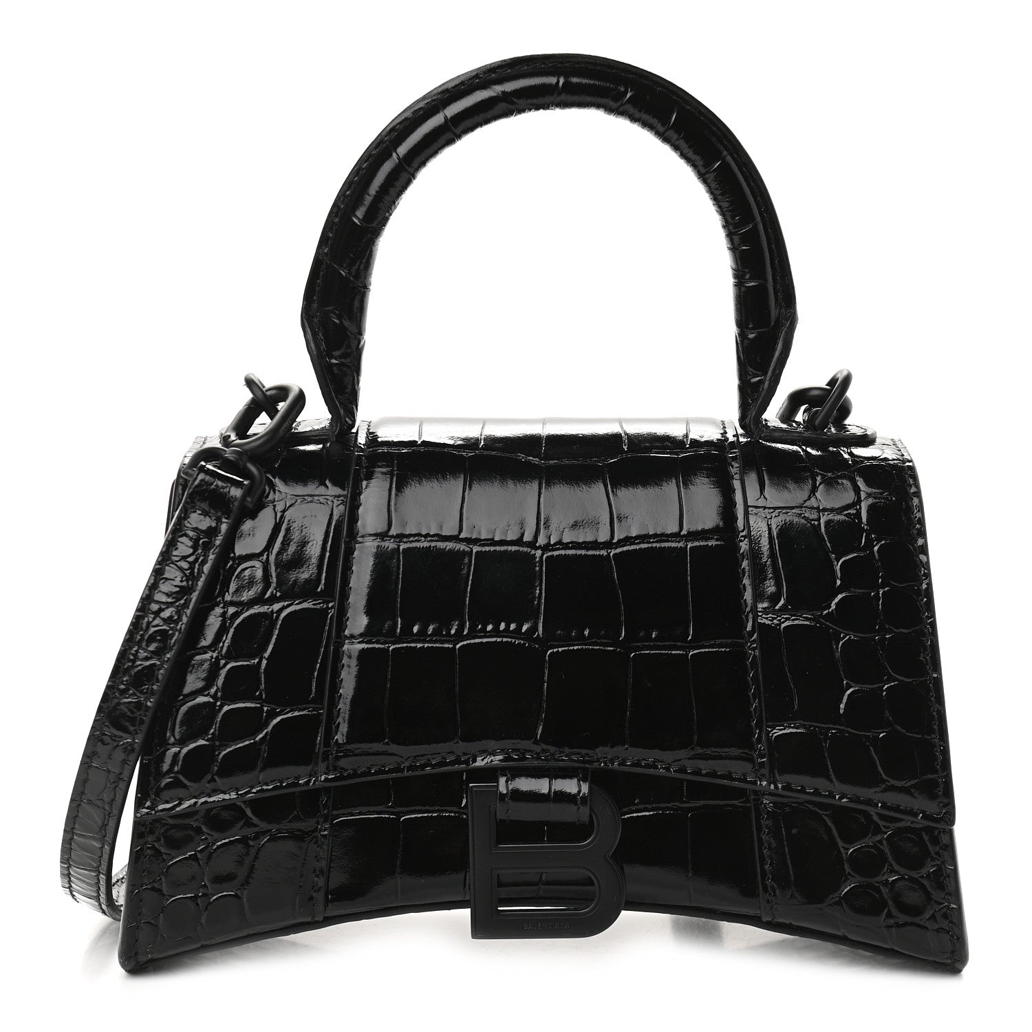 Balenciaga Shiny Calfskin Monochrome Crocodile Embossed Hourglass Top Handle Bag XS Black 1 of 9