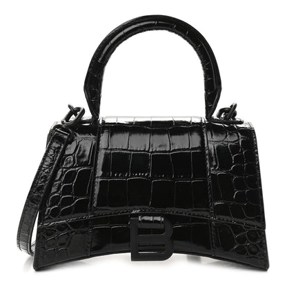 Balenciaga Shiny Calfskin Monochrome Crocodile Embossed Hourglass Top Handle Bag XS Black 1 of 9