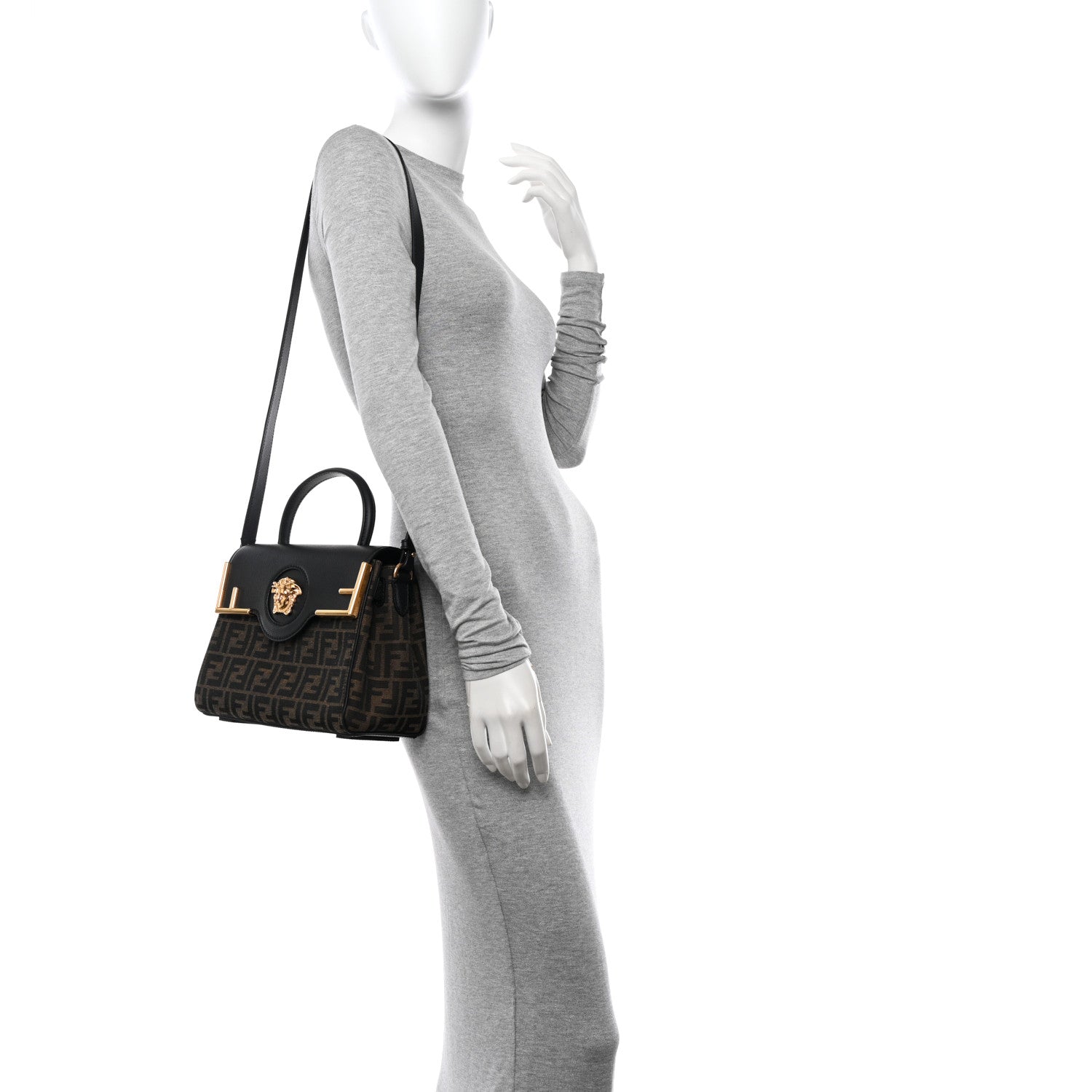 Versace X FENDI Grained Calfskin Fendace Medium La Medusa Top Handle Bag Black Brown 2 of 12