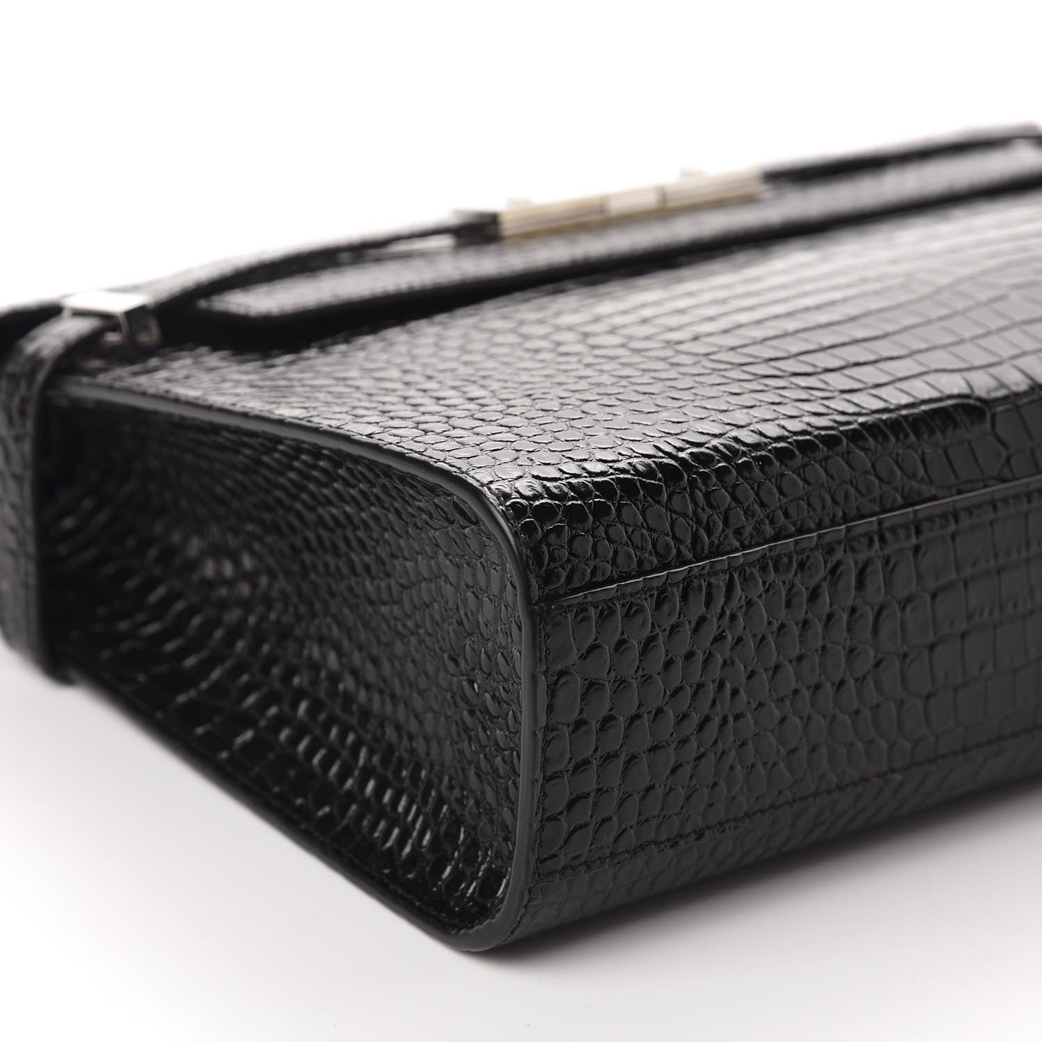 Saint Laurent Shiny Calfskin Crocodile Embossed Manhattan Baguette Black 6 of 10