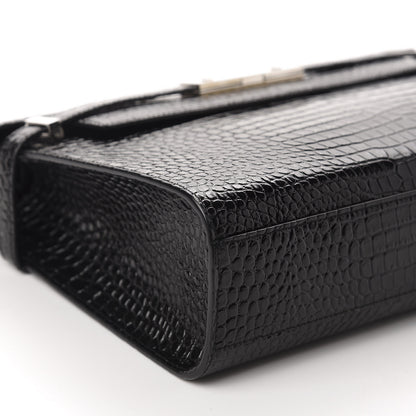 Saint Laurent Shiny Calfskin Crocodile Embossed Manhattan Baguette Black 6 of 10