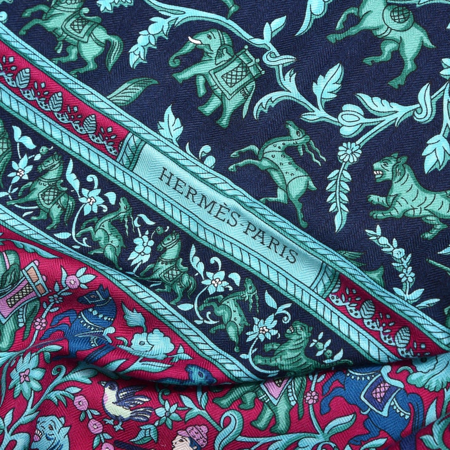 Cashmere Silk Chasse En Inde Shawl 140 Fuchsia Vert Marine