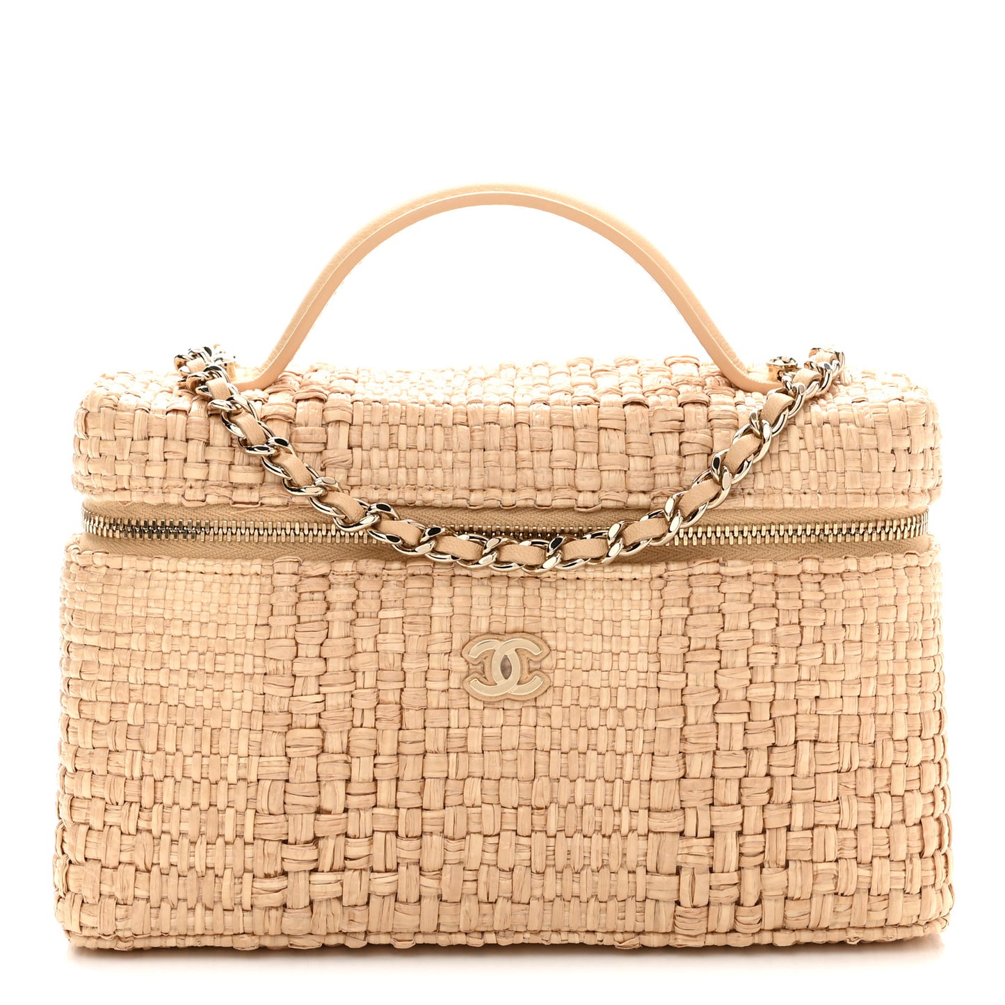 Braided Raffia Quilted Top Handle Slim Vanity Case With Chain Beige