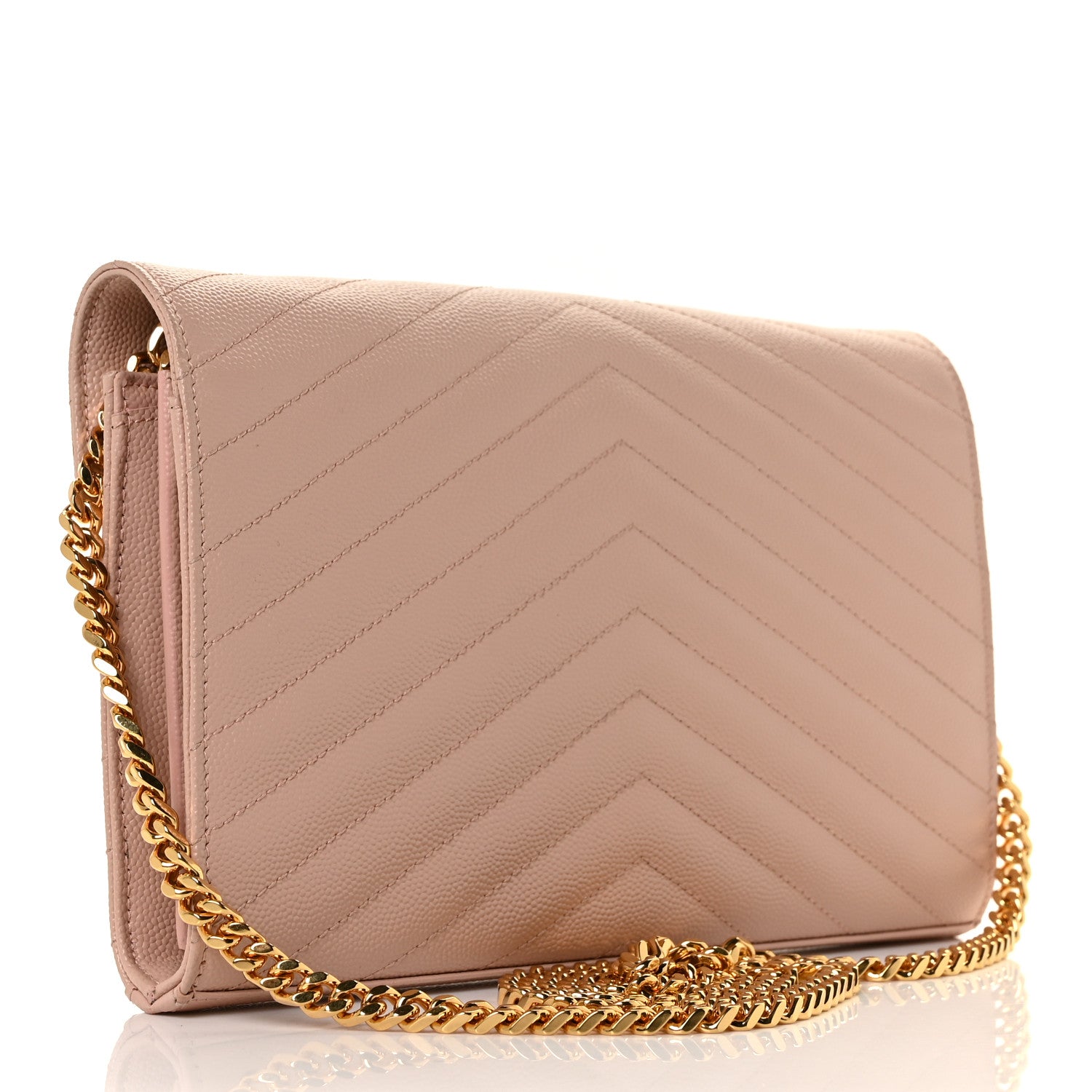 Saint Laurent Grain De Poudre Matelasse Chevron Monogram Chain Wallet Pale Pink 3 of 9