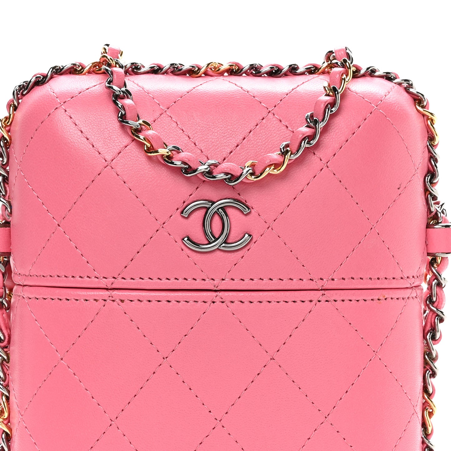 Lambskin Quilted Chain Around Phone Holder Pink