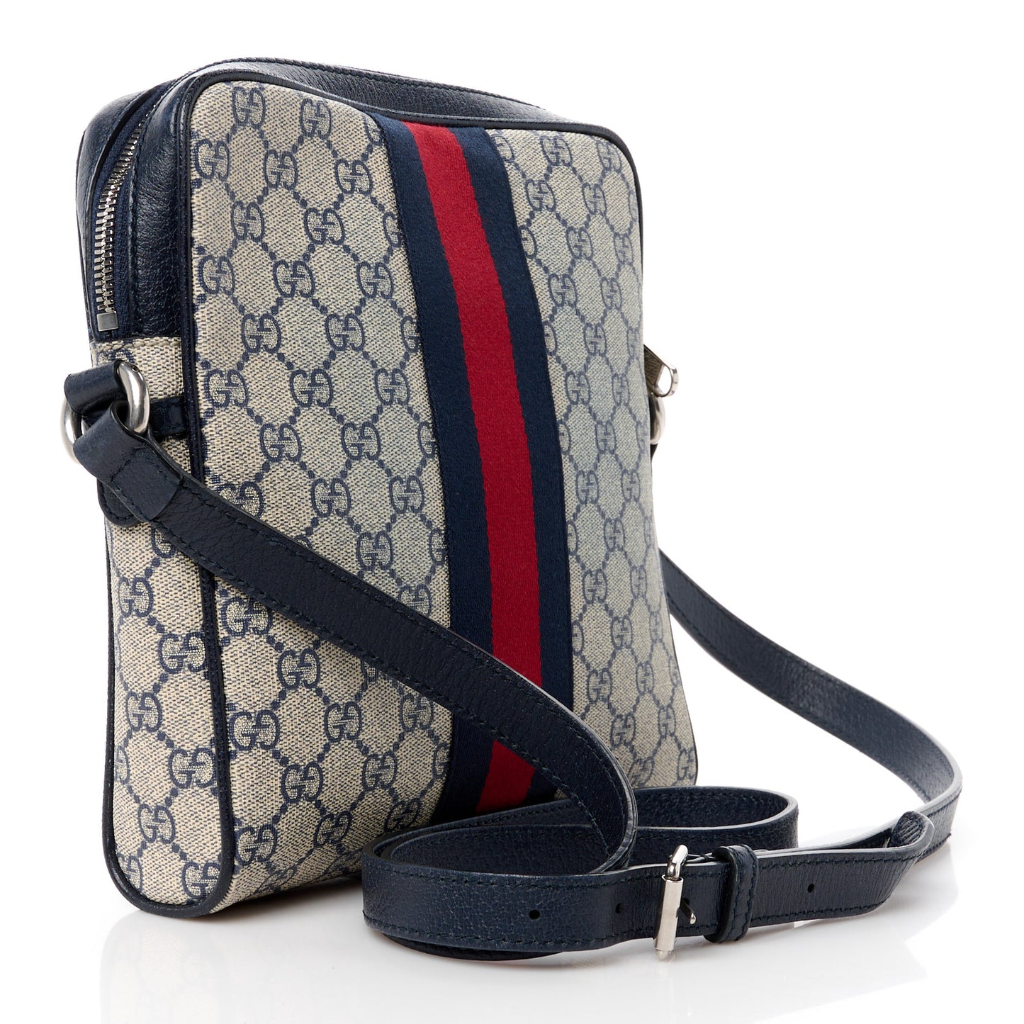GG Supreme Monogram Textured Dollar Calfskin Web Small Ophidia Messenger Bag Beige Blue
