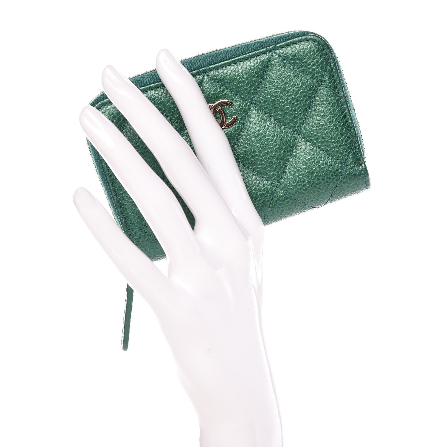Chanel Metallic Caviar Quilted Zip Coin Purse Green 2 of 10