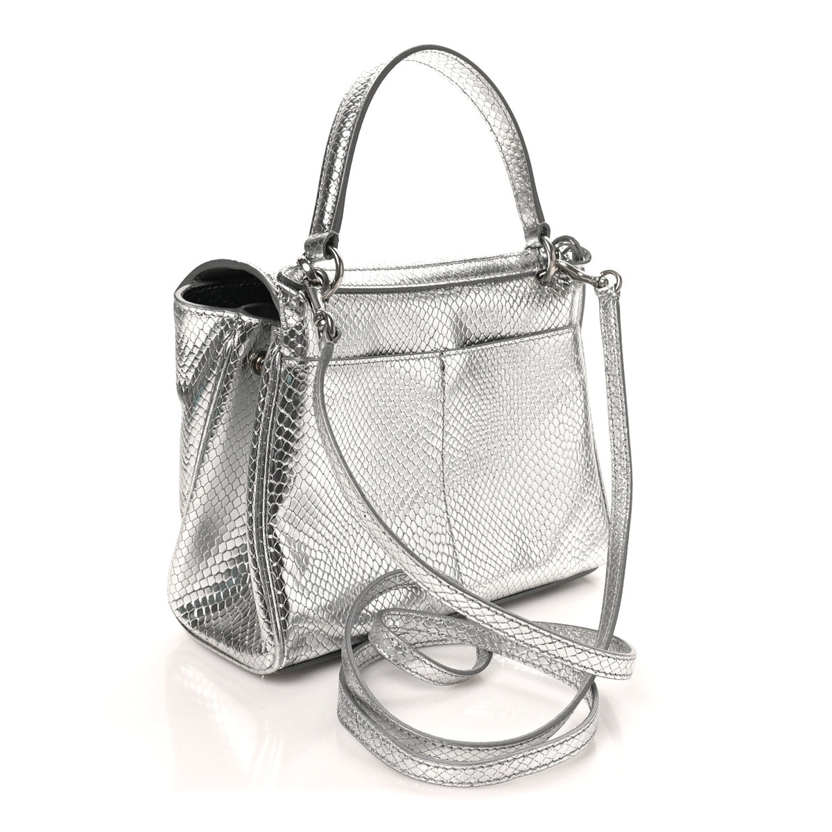 Metallic Calfskin Snakeskin Embossed Mini Rodeo Top Handle Handbag Silver