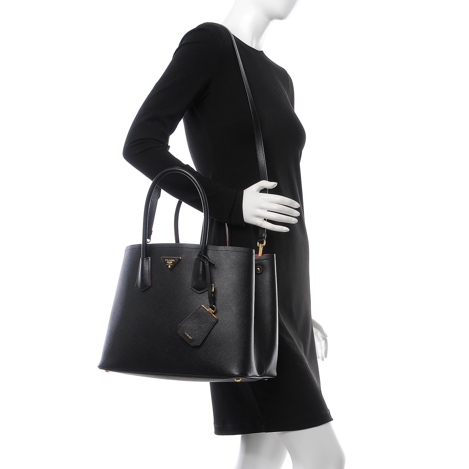 Prada Saffiano Cuir Large Double Bag Black Ciliegia 3 of 8