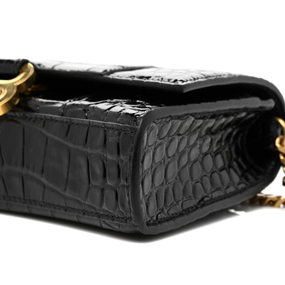 Balenciaga Shiny Calfskin Crocodile Embossed Hourglass Chain Bag Black 6 of 8