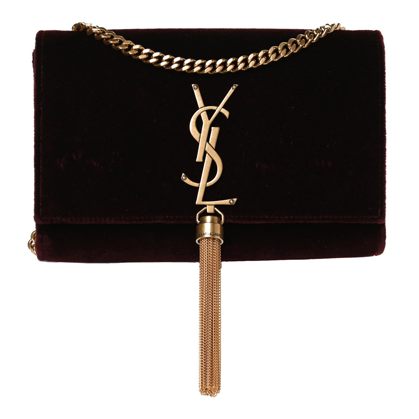 Velvet Small Classic Monogram Kate Tassel Satchel Burgundy
