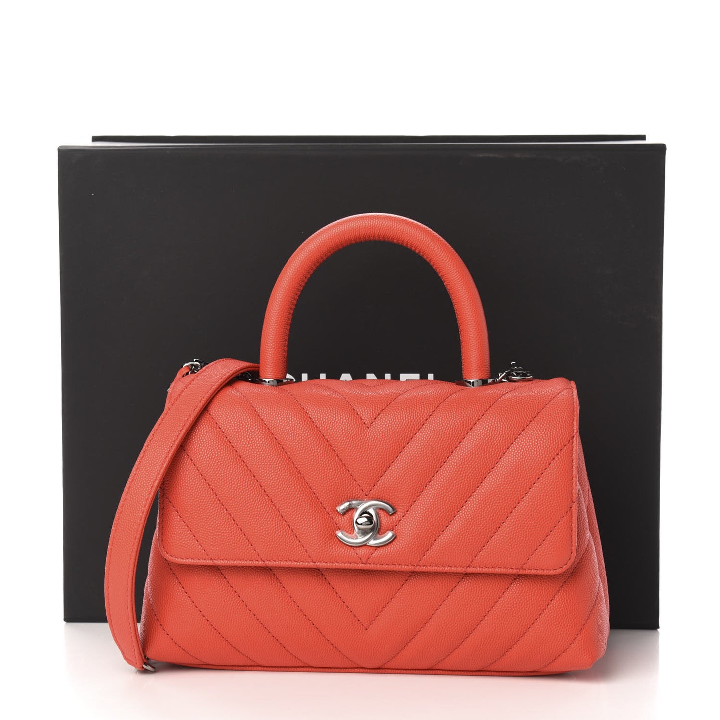 Caviar Chevron Quilted Mini Coco Handle Flap Red