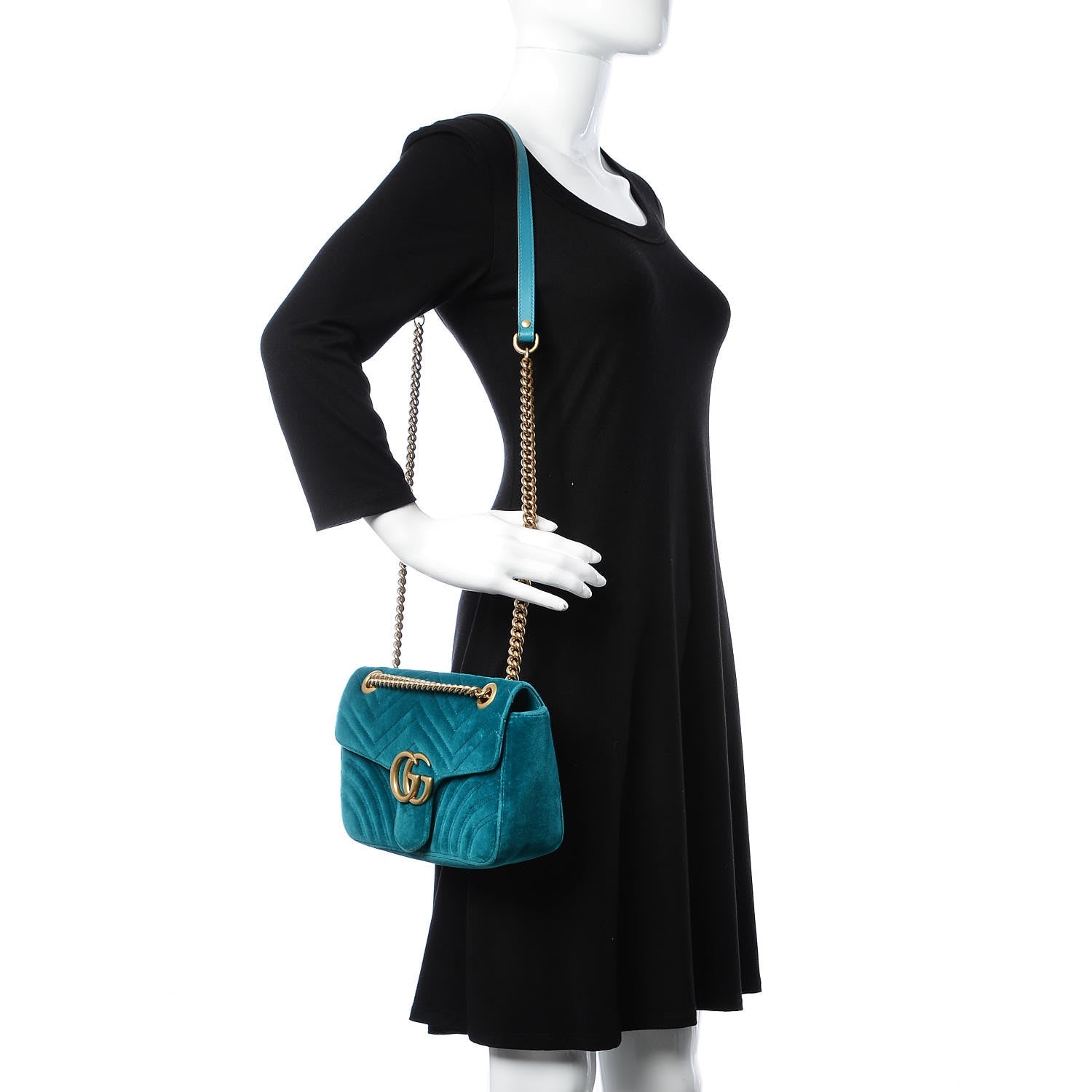 Gucci Velvet Matelasse Small GG Marmont Shoulder Bag Pavone Cyan 2 of 7