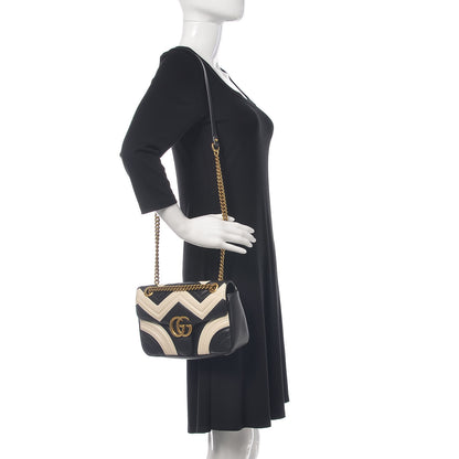 Gucci Calfskin Matelasse Small GG Marmont Shoulder Bag Black White 2 of 15
