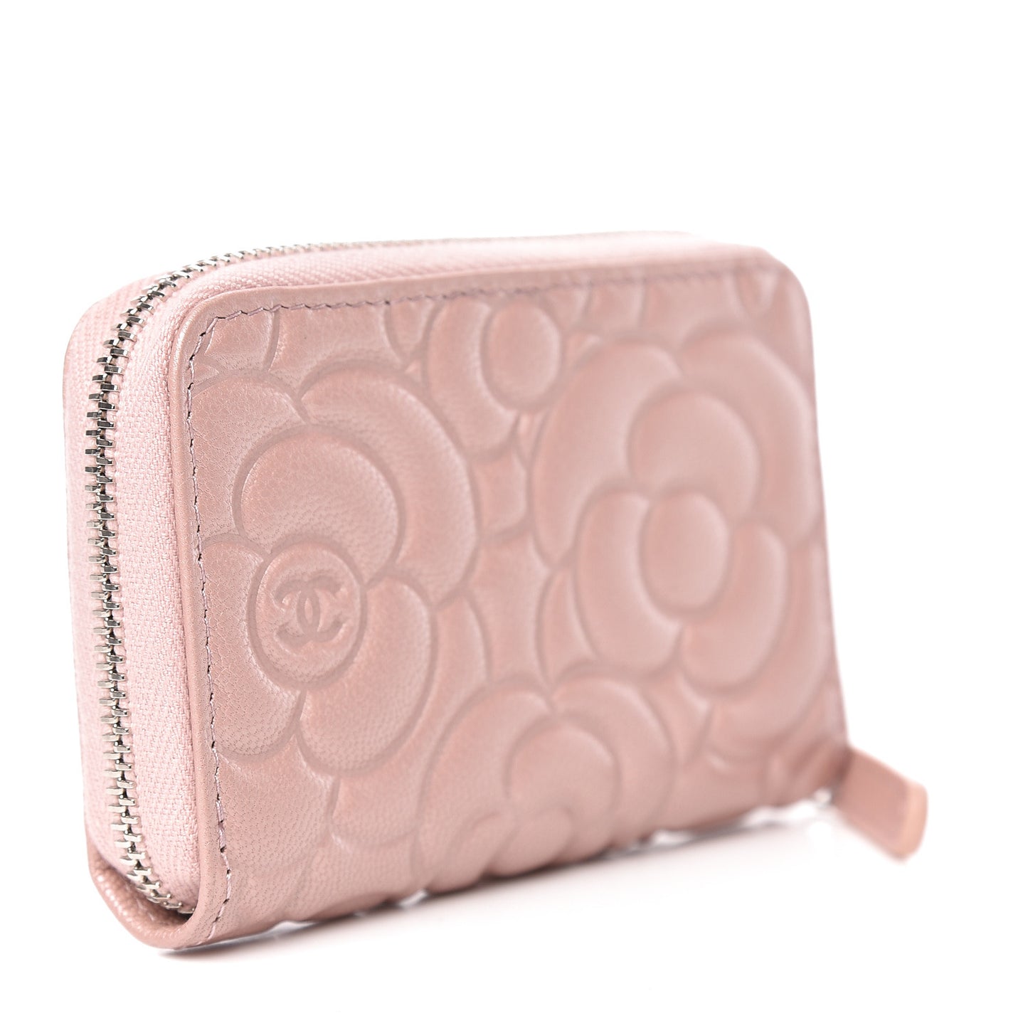 Goatskin Camellia Embossed Zip Coin Purse Light Pink