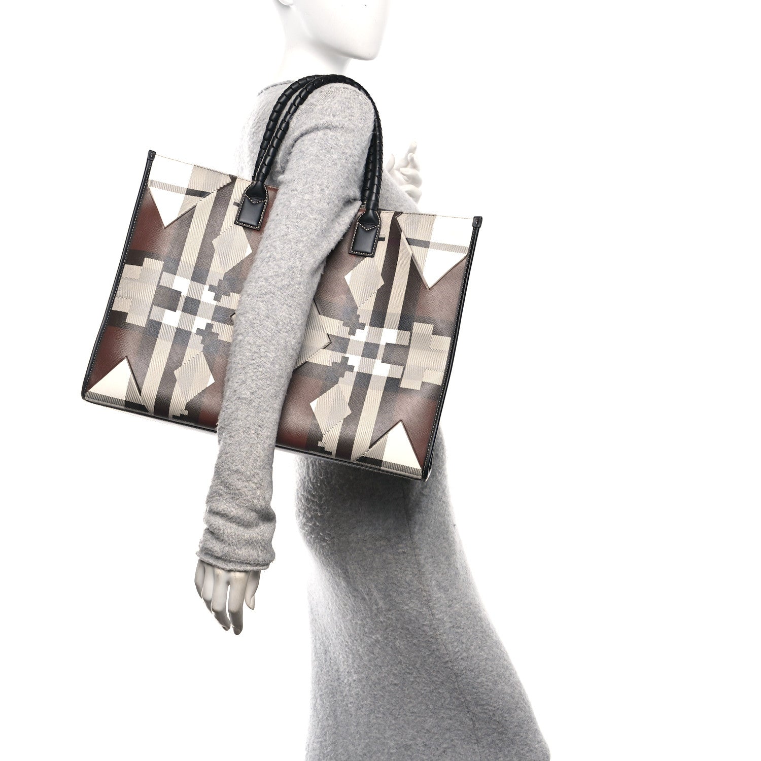 Burberry E-Canvas Calfskin Geometric Check Tote Hand Bag Brown White Black 2 of 10