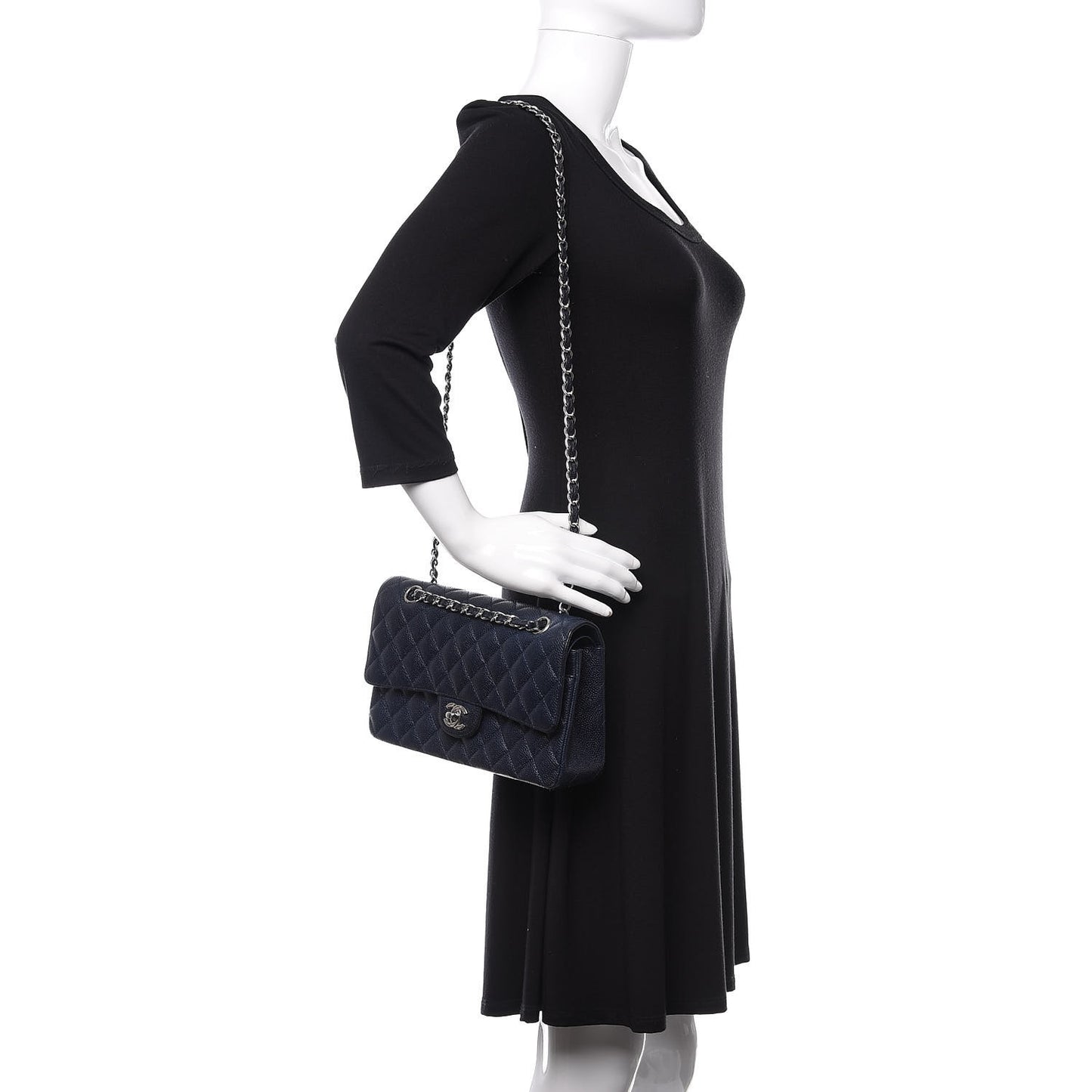 Caviar Quilted Medium Double Flap Navy