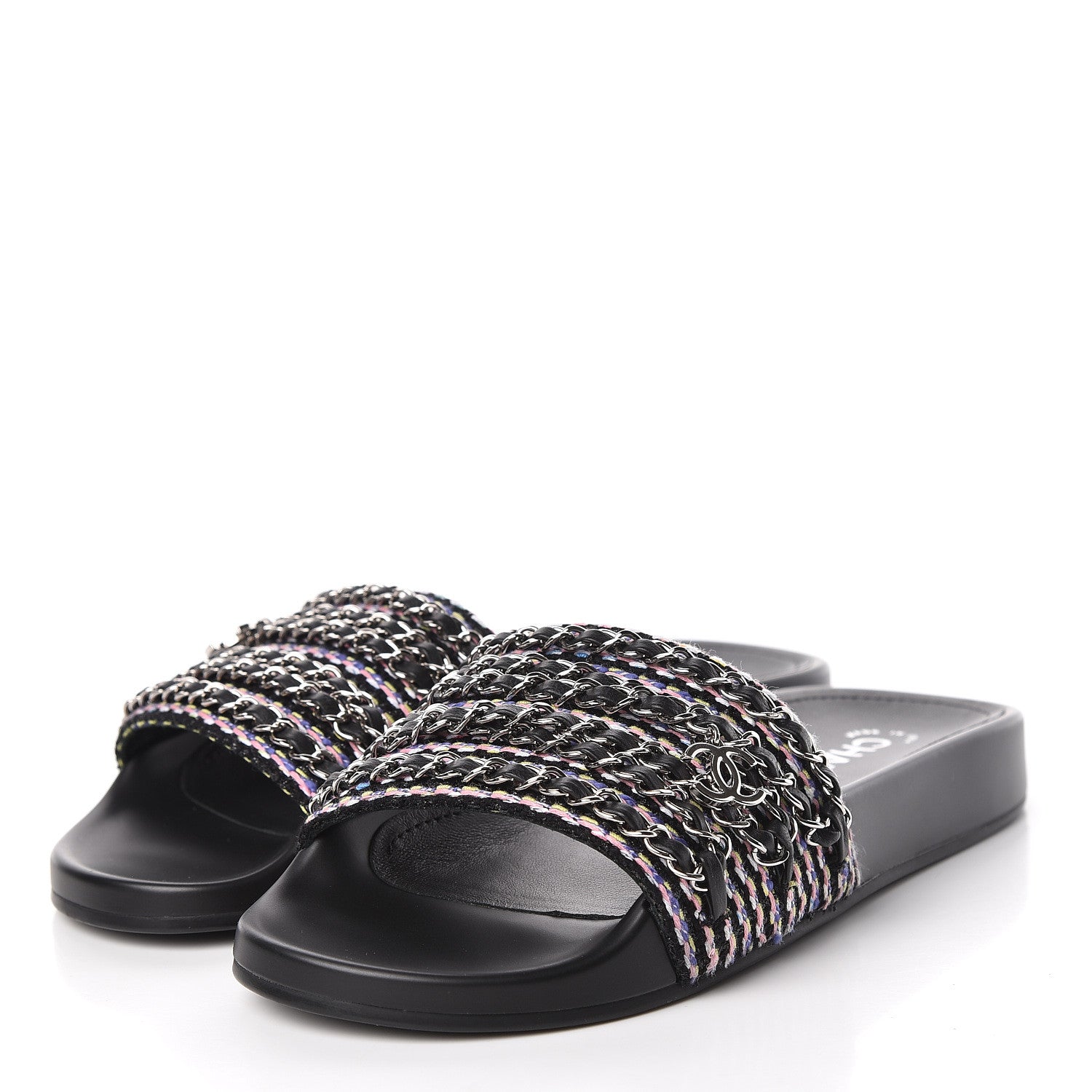 Chanel Tweed Lambskin Chain Flat Sandals 38 Black Multicolor 4 of 10