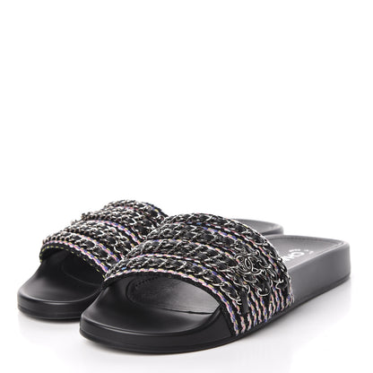 Chanel Tweed Lambskin Chain Flat Sandals 38 Black Multicolor 4 of 10