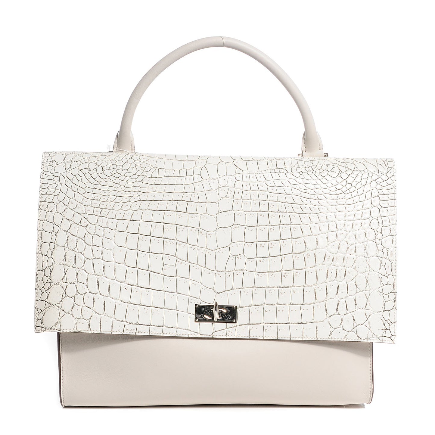 Calfskin Crocodile Embossed Shark Lock Satchel Off White