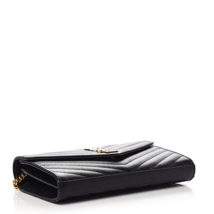 Saint Laurent Grain De Poudre Matelasse Chevron Monogram Chain Wallet Black 4 of 8