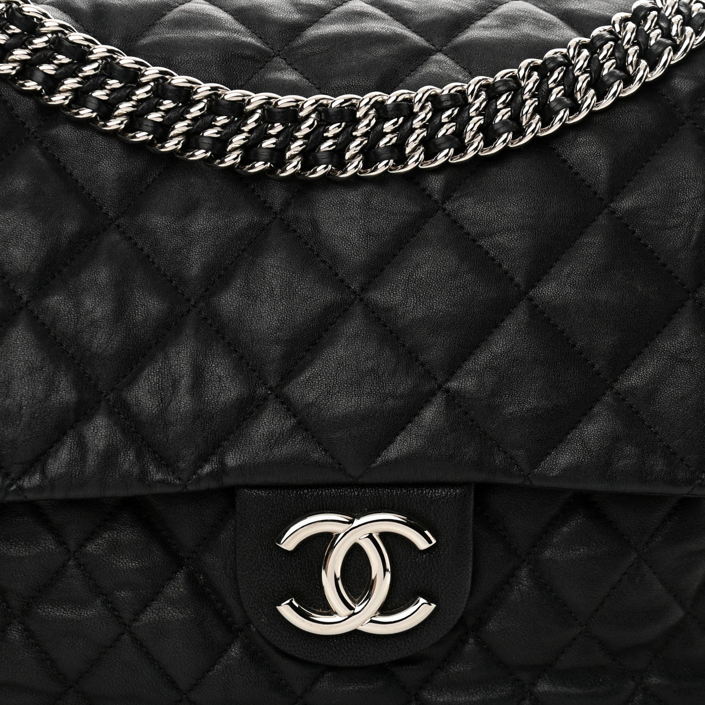 Washed Lambskin Quilted Maxi Chain Around Flap Black