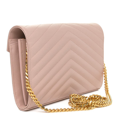Saint Laurent Grain De Poudre Matelasse Chevron Monogram Chain Wallet Pale Blush 3 of 15
