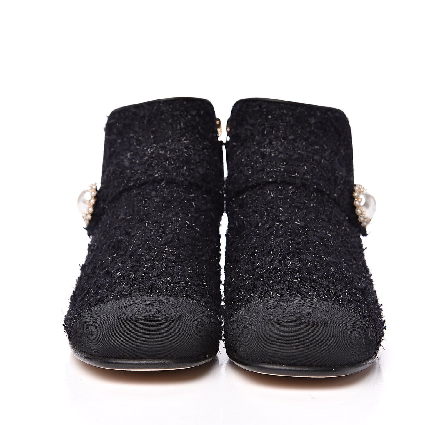 Tweed Grosgrain Pearl Cap Toe CC Short Boots 36 Black