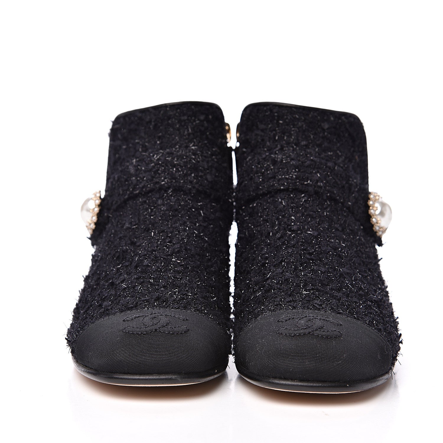 Chanel Tweed Grosgrain Pearl Cap Toe CC Short Boots 36 Black 2 of 10