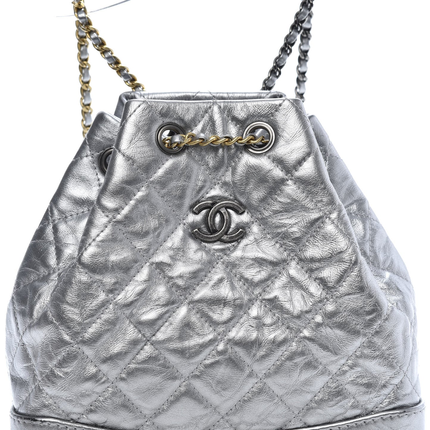 Metallic Crumpled Calfskin Quilted Gabrielle Backpack Silver