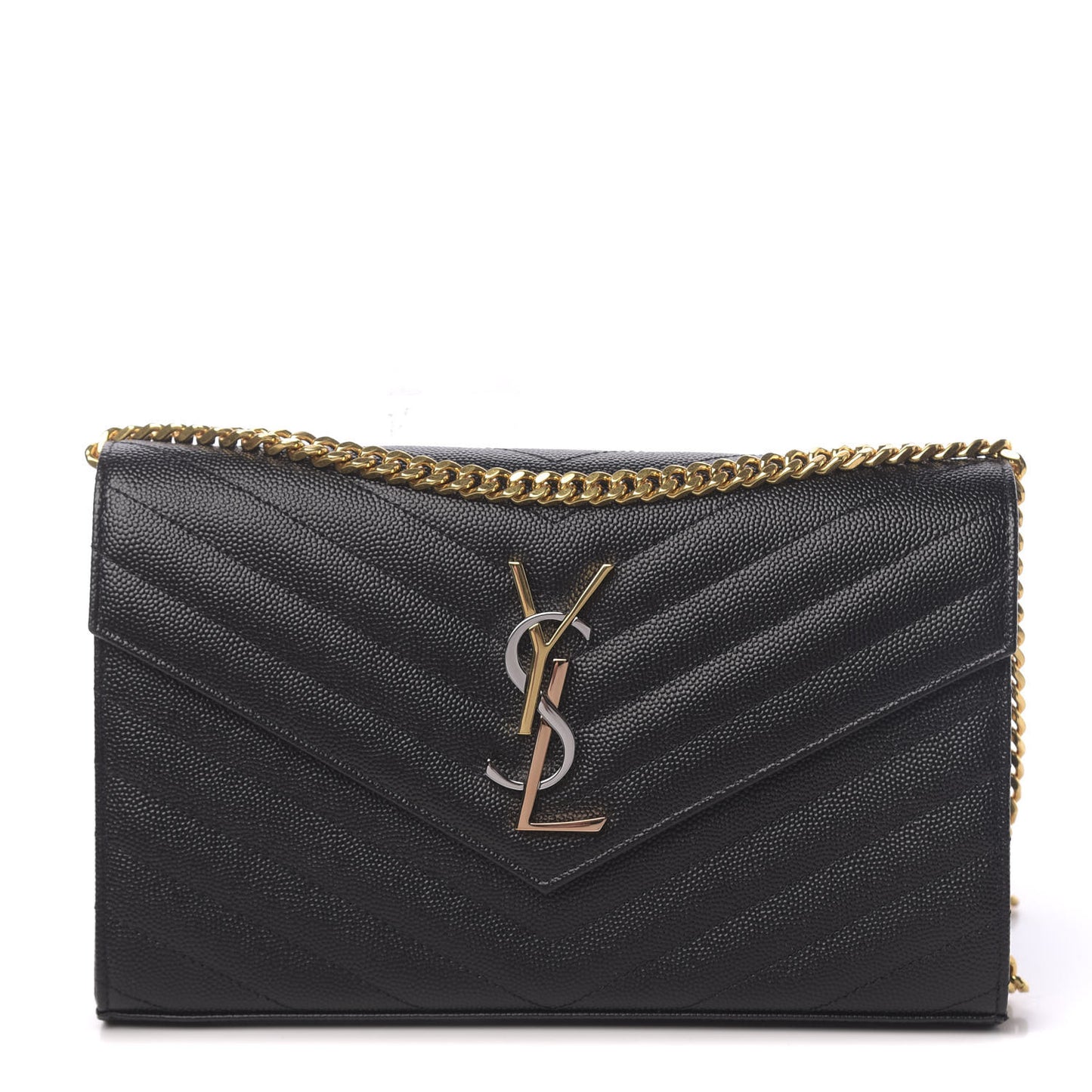 Grain De Poudre Matelasse Chevron Tri-Metal Monogram Chain Wallet Black