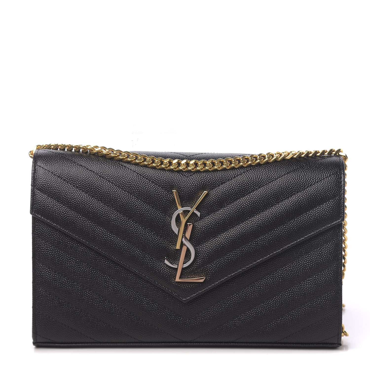 Saint Laurent Grain De Poudre Matelasse Chevron Tri-Metal Monogram Chain Wallet Black 1 of 11