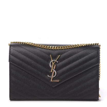 Saint Laurent Grain De Poudre Matelasse Chevron Tri-Metal Monogram Chain Wallet Black 1 of 11