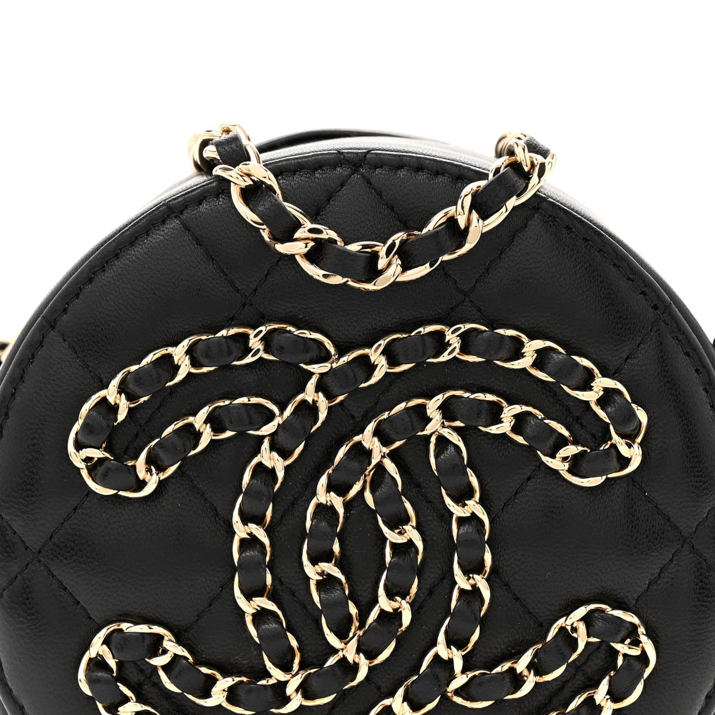 Lambskin Quilted Large CC Round Clutch With Chain Black