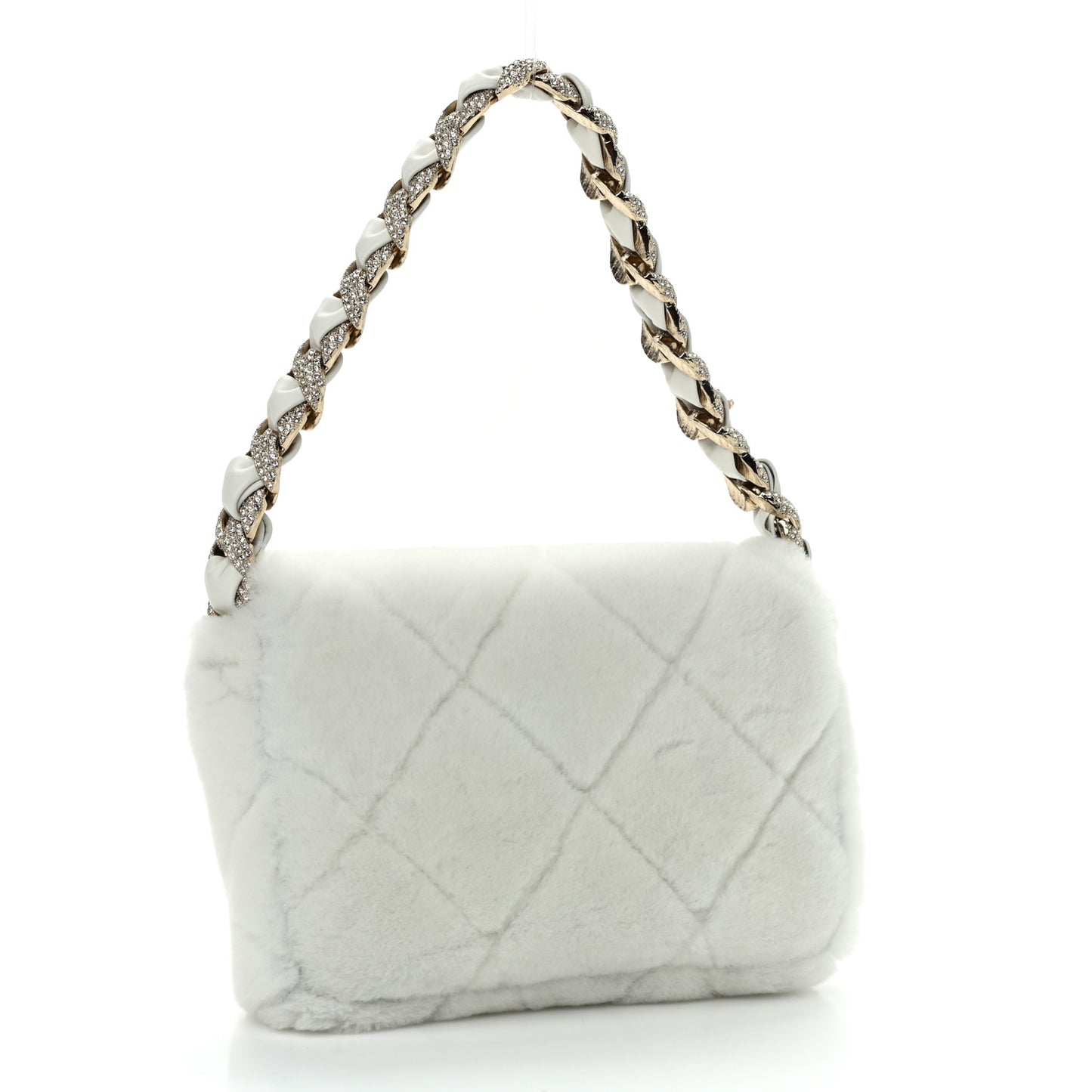 Shearling Lambskin Crystal Strass Flap White