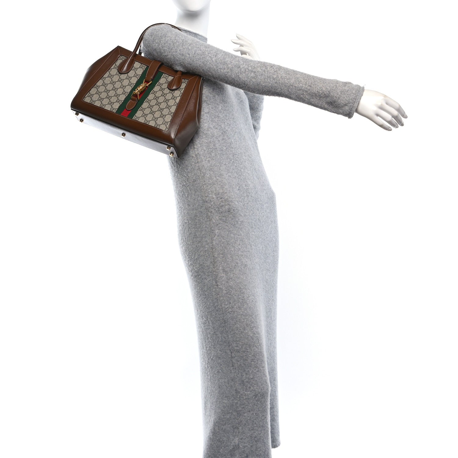 Gucci GG Supreme Monogram Azalea Calfskin Web Medium Jackie 1961 Tote Beige Ebony Brown Sugar 3 of 12