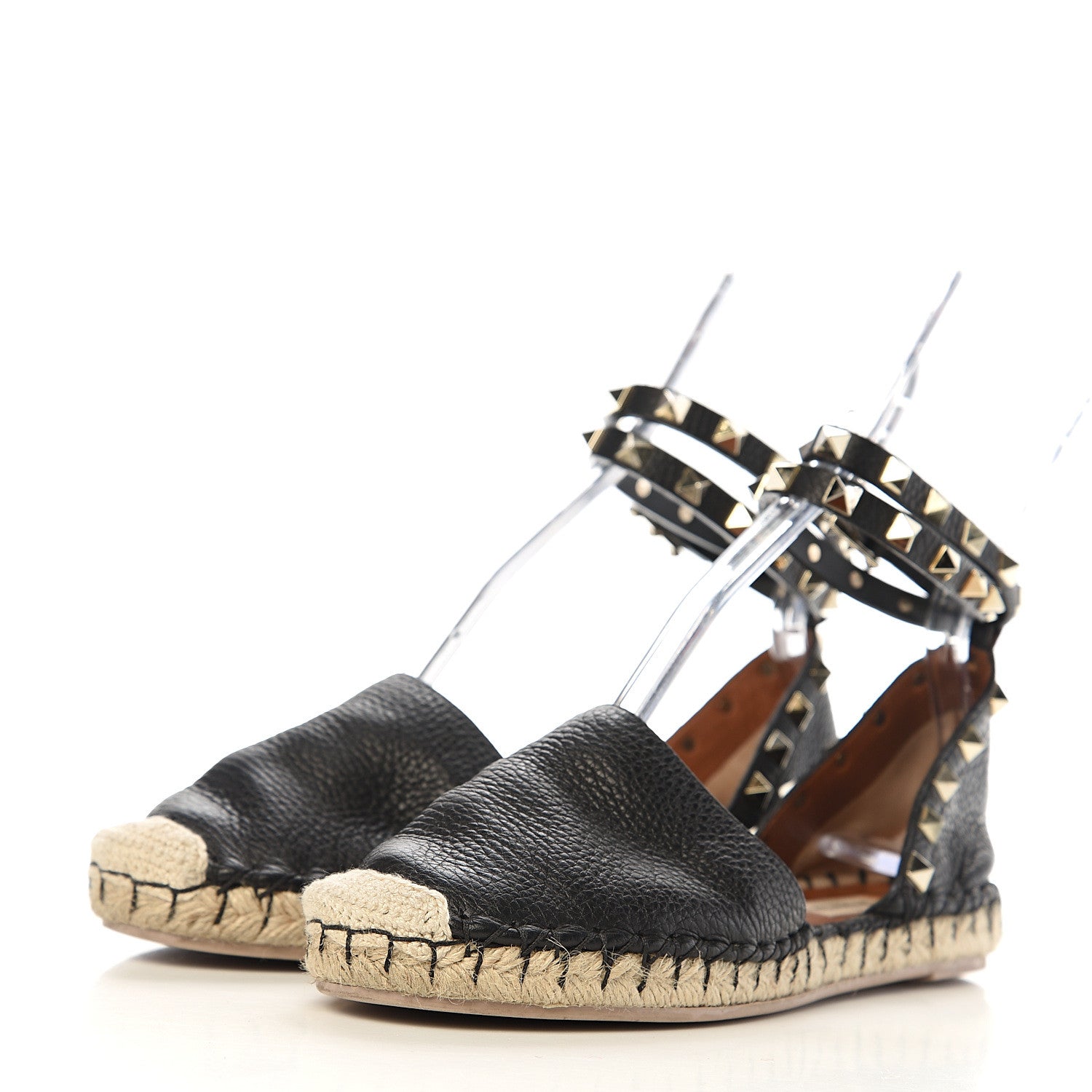 Valentino Garavani Grained Calfskin Rockstud Ankle Wrap Espadrille 20mm Flats 36 Black Light Cuir Natural 3 of 9