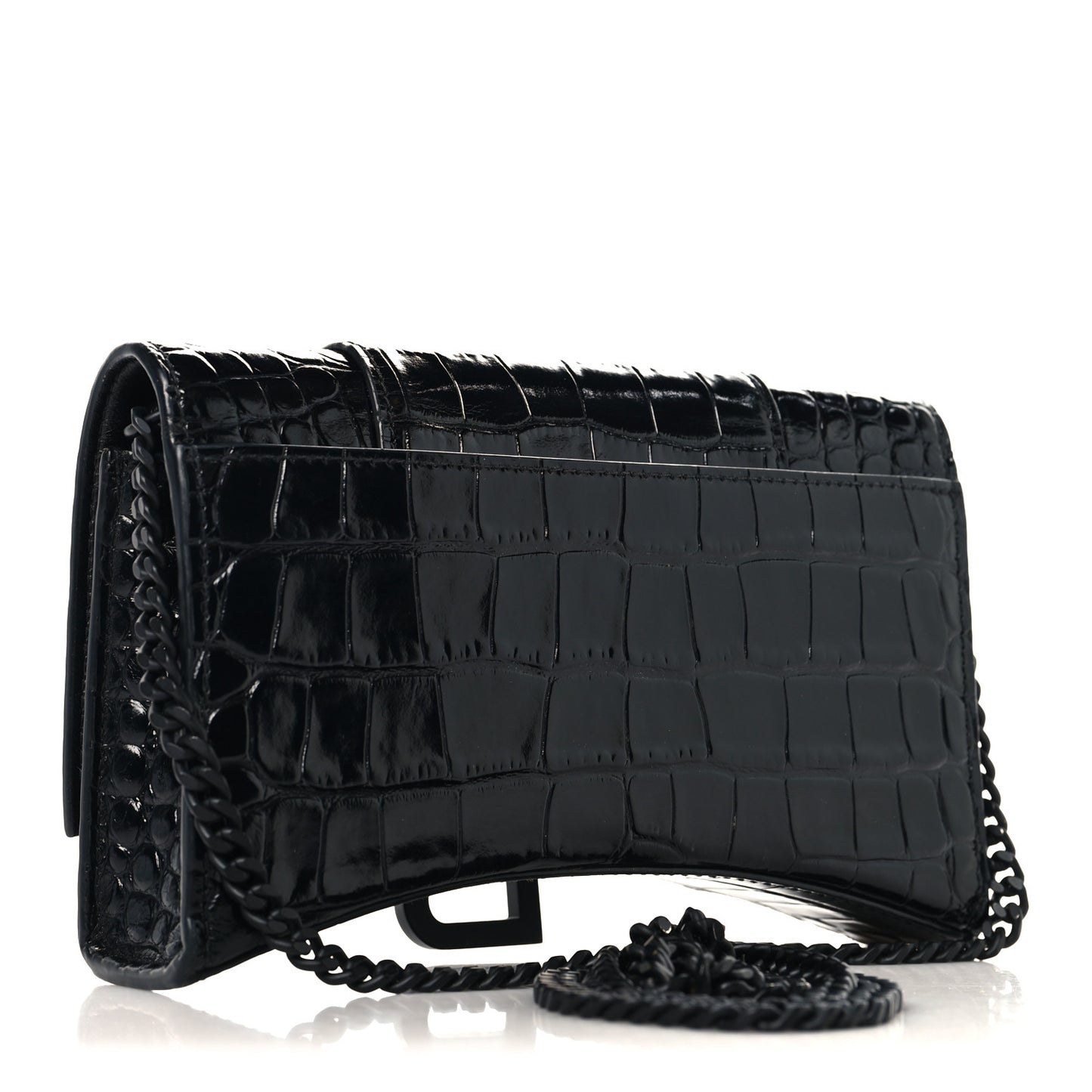 Shiny Calfskin Monochrome Crocodile Embossed Hourglass Chain Bag Black