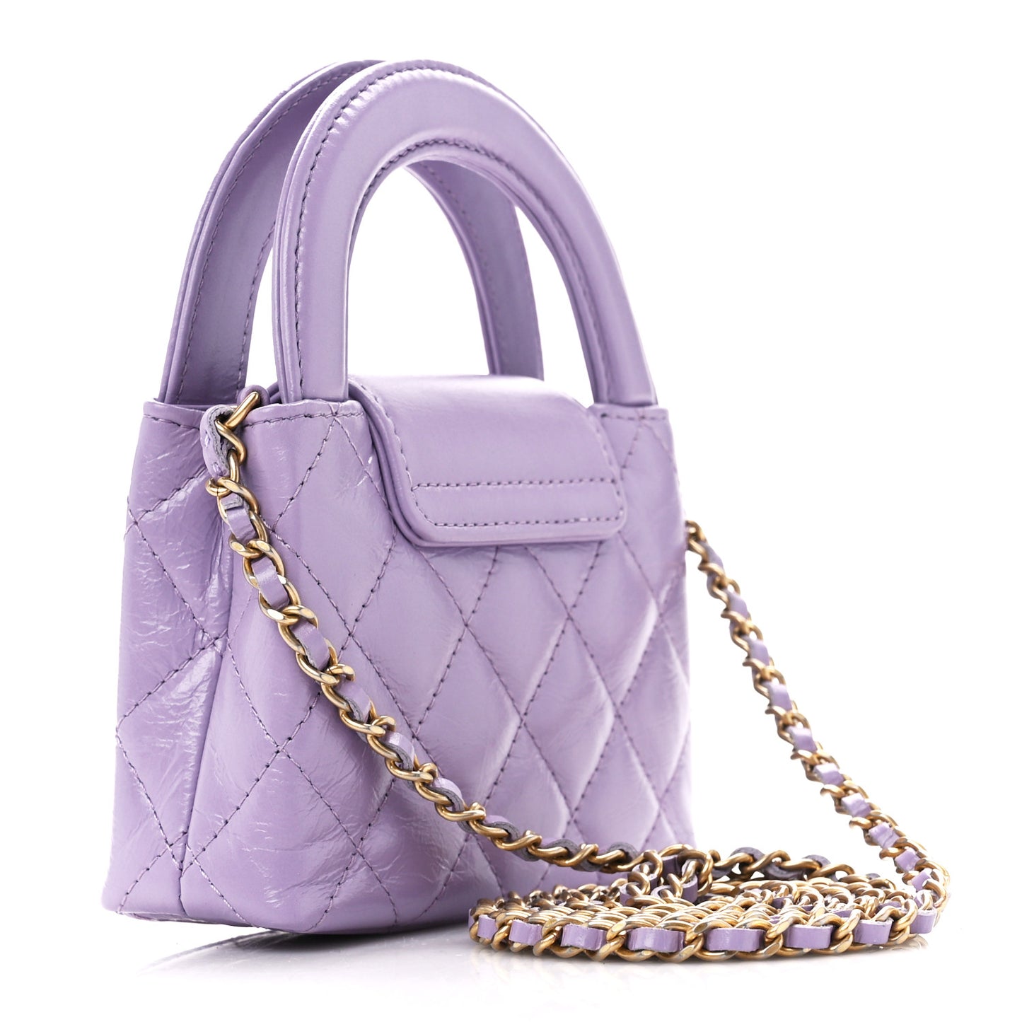 Shiny Aged Calfskin Quilted Mini Nano Kelly Shopper Lilac