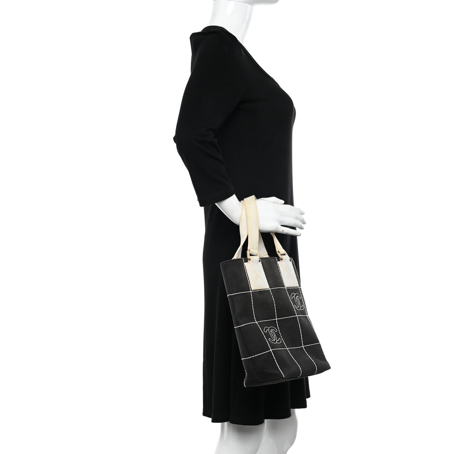 Canvas Square Stitched CC Small Tote Bag Black