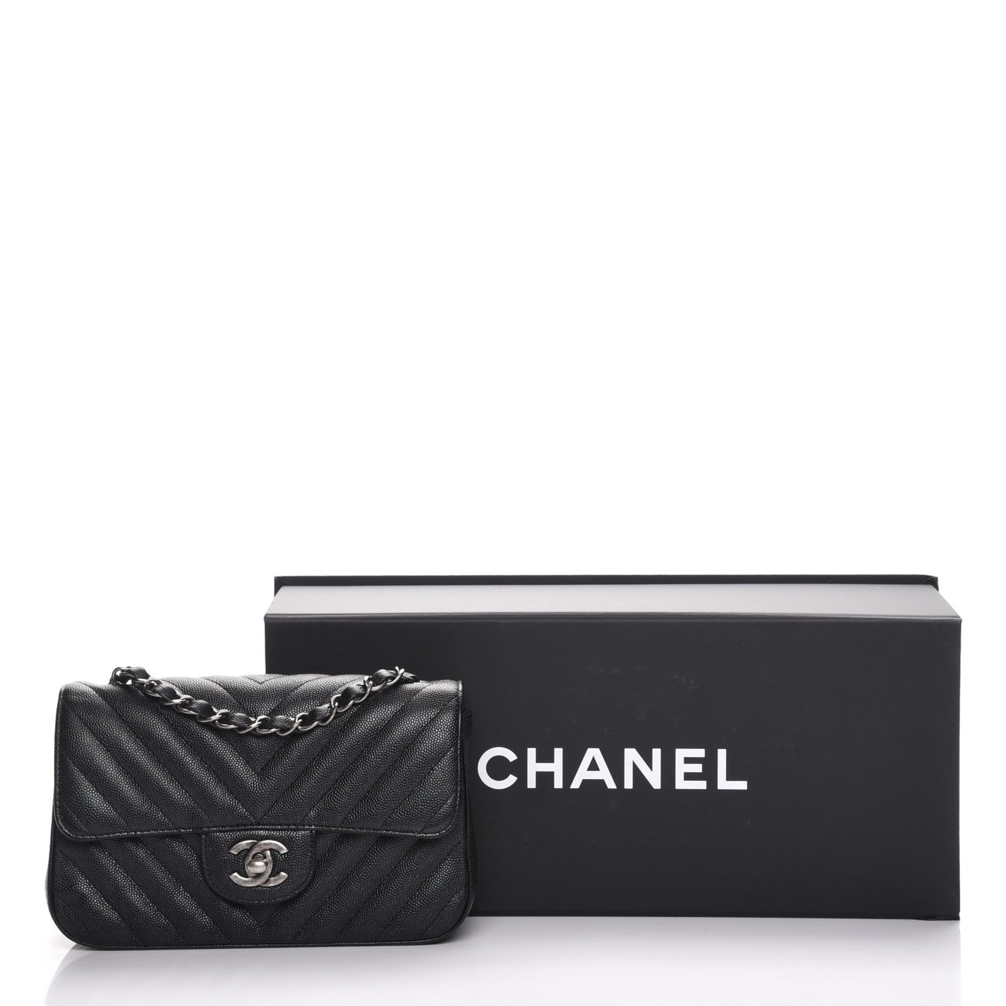 Caviar Chevron Quilted Mini Rectangular Flap Black