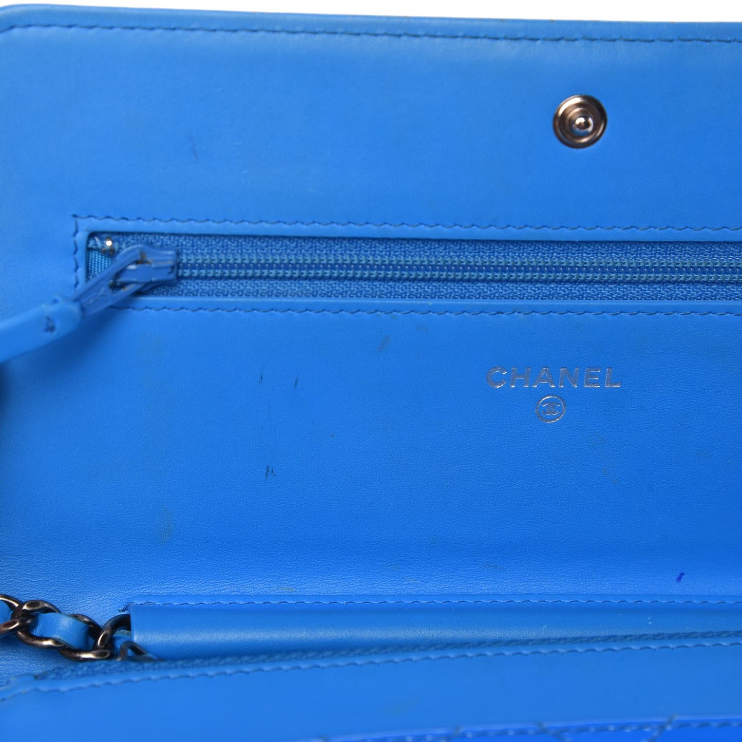 Patent Calfskin Quilted Boy Wallet On Chain WOC Blue