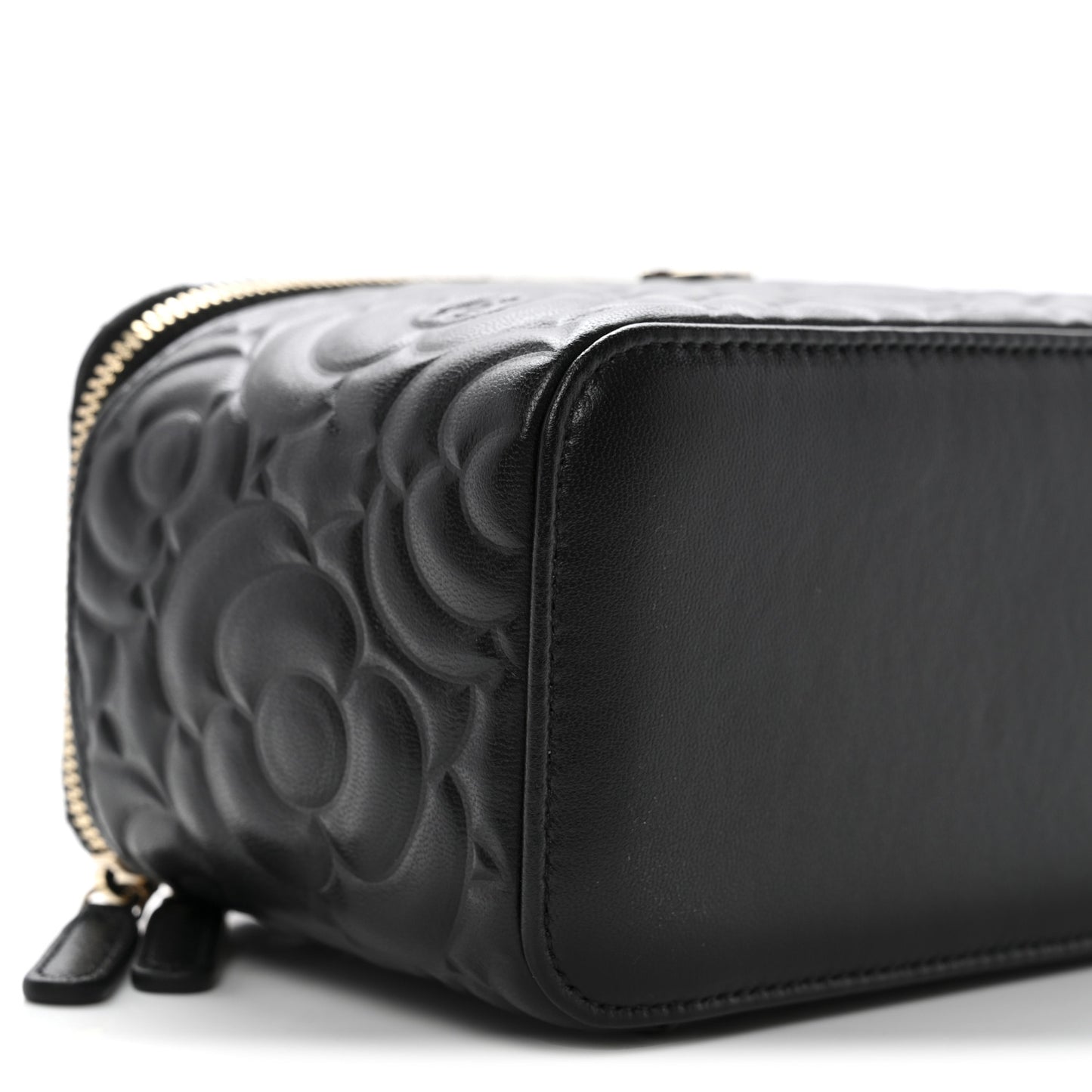Lambskin Camellia Embossed Small Vanity Case With Chain Black