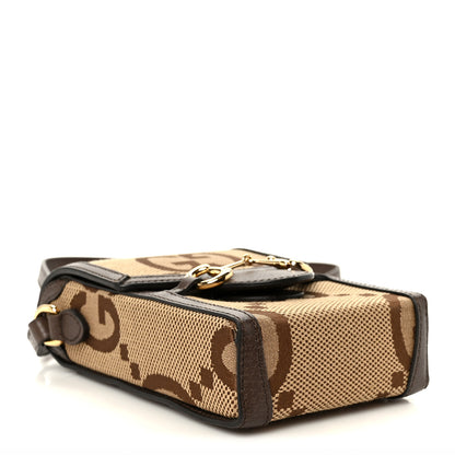 Gucci Monogram Jumbo GG Textured Dollar Calfskin Mini Horsebit 1955 Crossbody Bag Camel Ebony New Acero 4 of 11