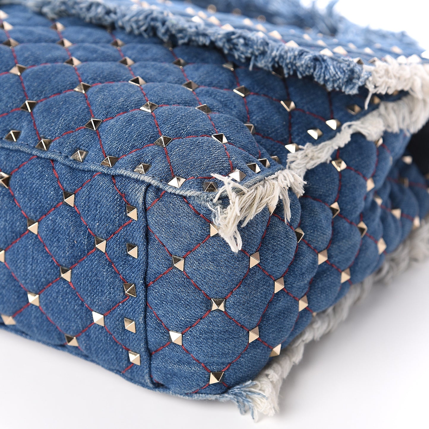 Denim Fringe Maxi Rockstud Spike Shoulder Bag Blue