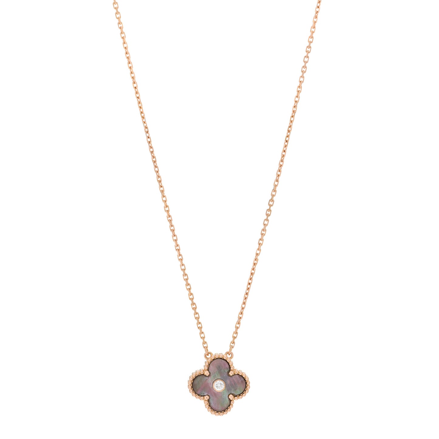 18K Rose Gold Diamond Grey Mother of Pearl Vintage Alhambra Pendant Necklace