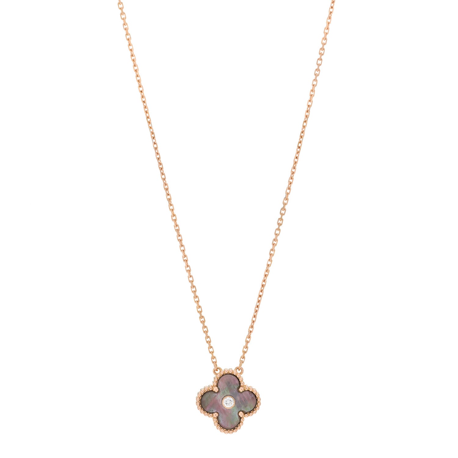 Van Cleef & Arpels 18K Rose Gold Diamond Grey Mother of Pearl Vintage Alhambra Pendant Necklace 1 of 6